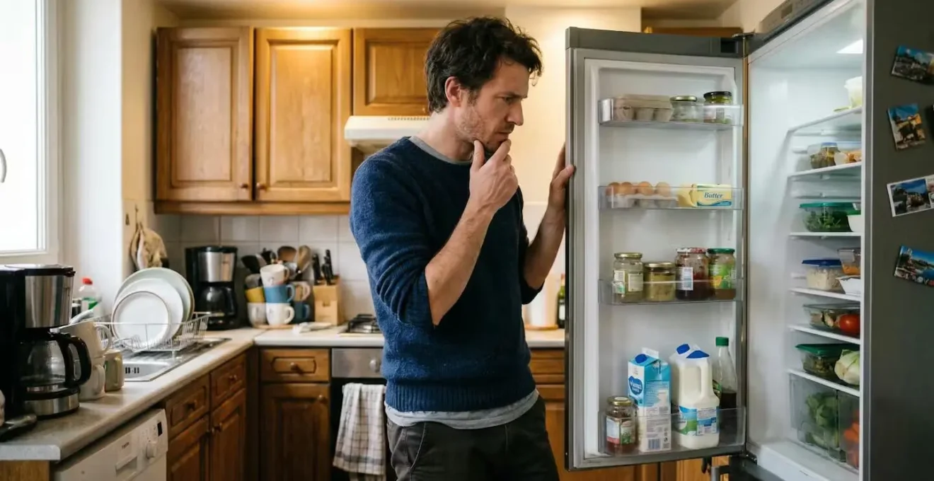 Homme face à un électroménager en panne illustrant les imprévus du quotidien
