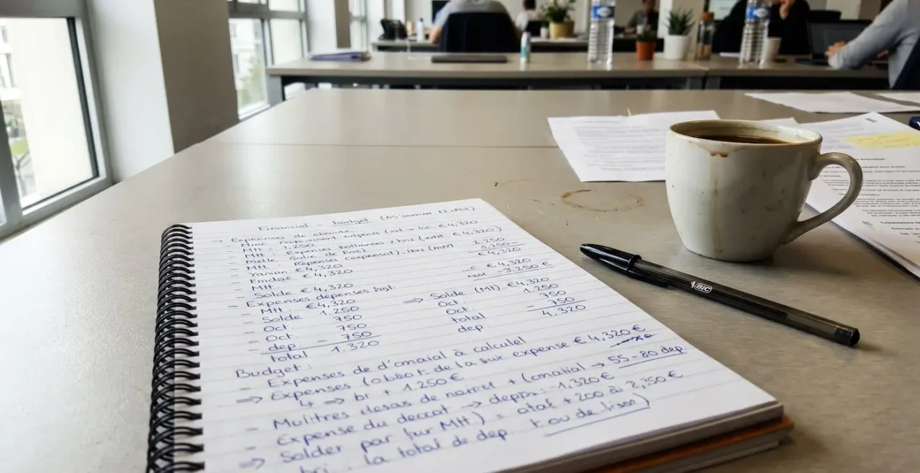Gros plan d'un bureau avec un carnet ouvert montrant des notes manuscrites sur des calculs d'investissement, une tasse de café posée à côté