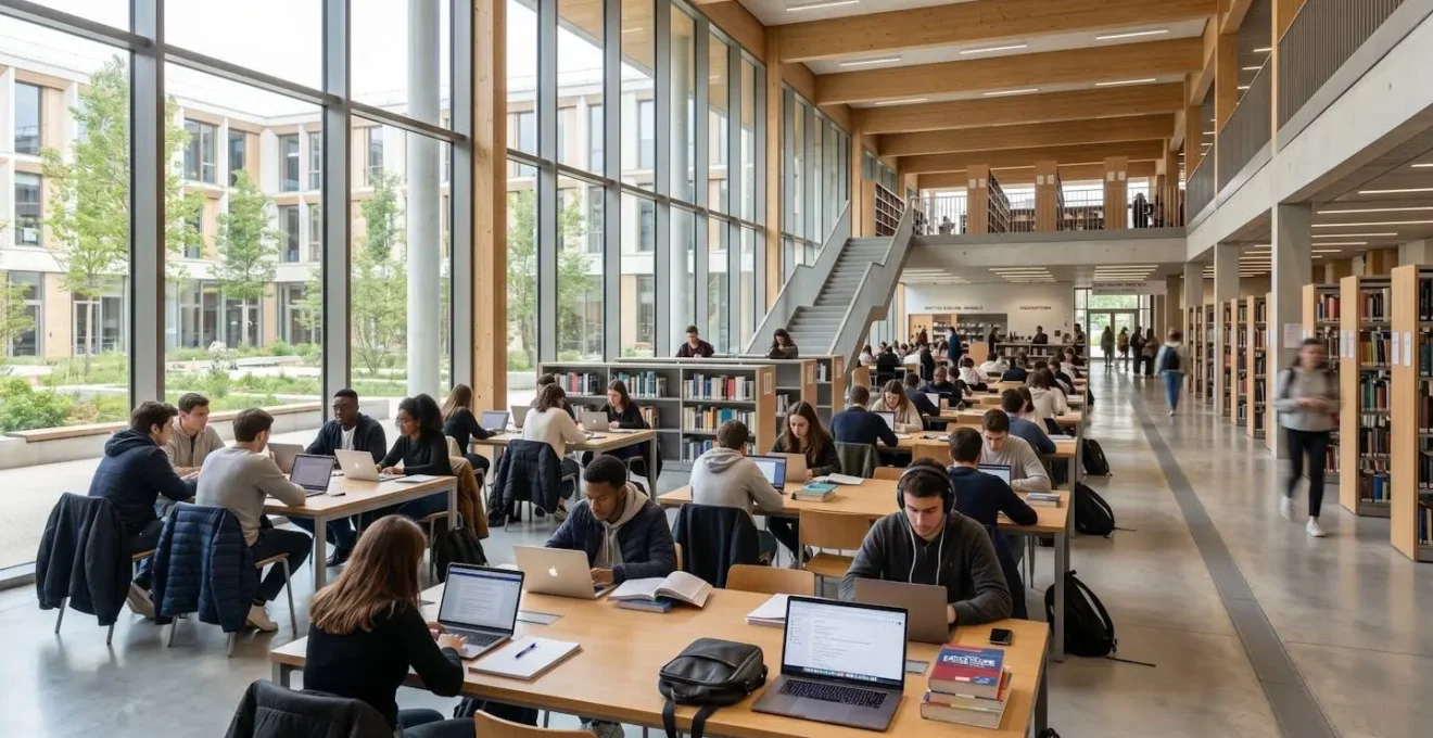 Bibliothèque universitaire contemporaine avec de larges baies vitrées et des étudiants qui étudient en arrière-plan flou