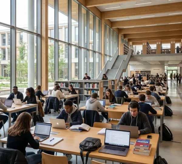 Bibliothèque universitaire contemporaine avec de larges baies vitrées et des étudiants qui étudient en arrière-plan flou