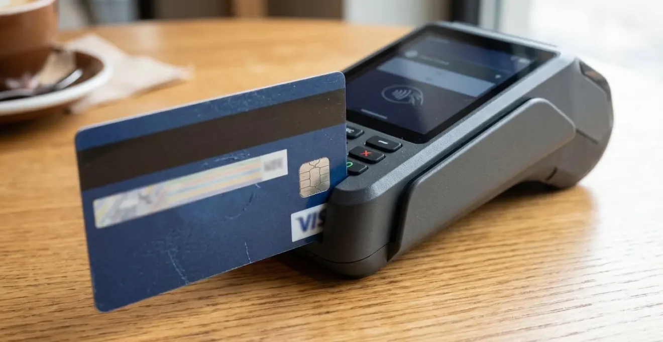 Gros plan d'une carte bancaire Visa insérée dans un terminal de paiement moderne posé sur une table de café
