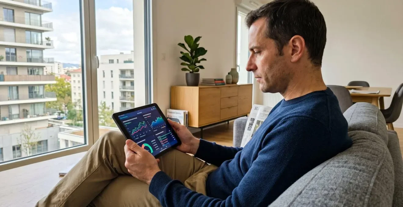 Un homme d'une quarantaine d'années consulte des graphiques financiers sur une tablette dans un salon lumineux, ambiance concentrée et sereine
