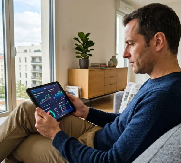 Un homme d'une quarantaine d'années consulte des graphiques financiers sur une tablette dans un salon lumineux, ambiance concentrée et sereine