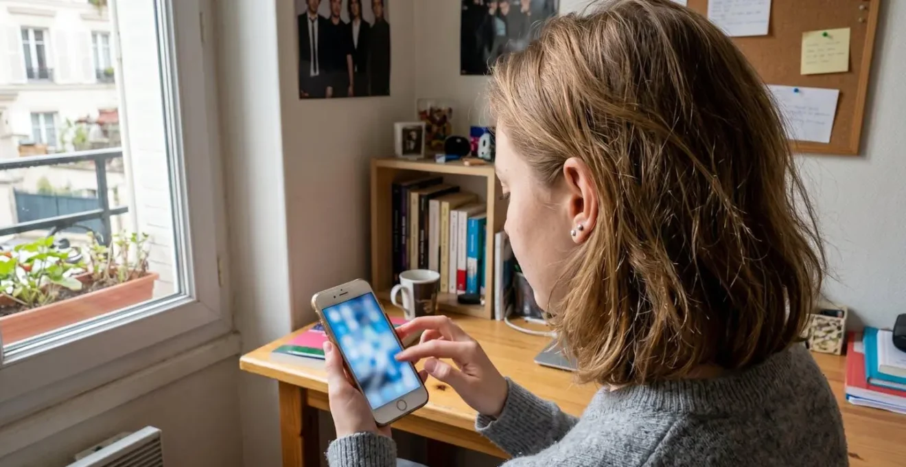 Jeune femme dans la vingtaine utilisant son smartphone pour consulter une application bancaire, vue par-dessus l'épaule dans un appartement lumineux