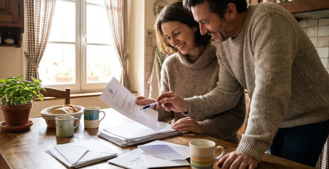 Couple vérifiant des documents administratifs à la table de leur cuisine, atmosphère détendue et quotidienne