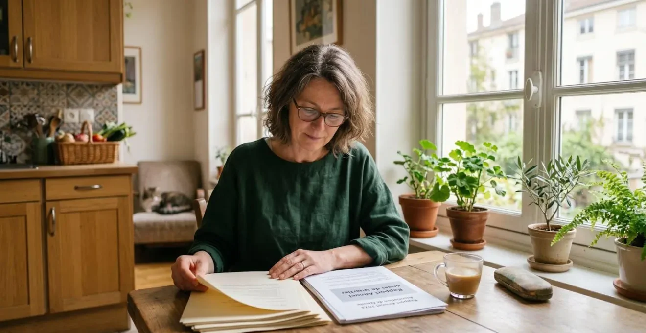 Une femme d'une cinquantaine d'années examine des documents financiers à son domicile, l'air concentré mais serein