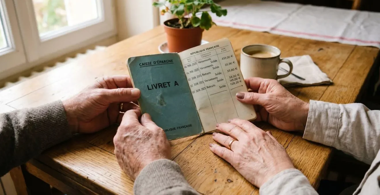 Deux mains posées sur une table claire, tenant un livret d'épargne ouvert, atmosphère rassurante et calme