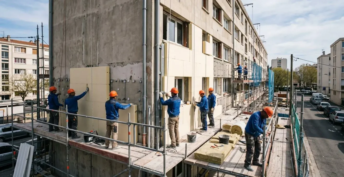 Chantier de rénovation énergétique d'un immeuble HLM avec ouvriers installant des matériaux d'isolation thermique