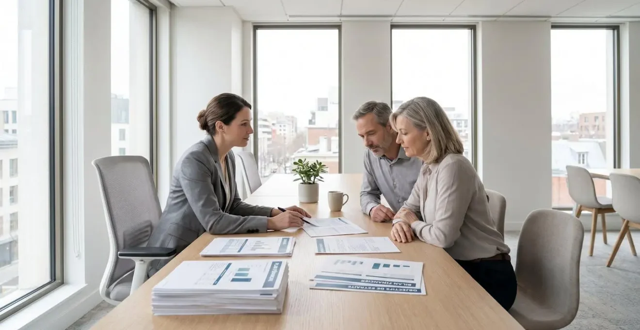 Conseiller financier présentant des documents d'épargne à un couple dans un bureau moderne avec lumière naturelle