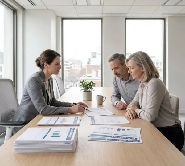 Conseiller financier présentant des documents d'épargne à un couple dans un bureau moderne avec lumière naturelle