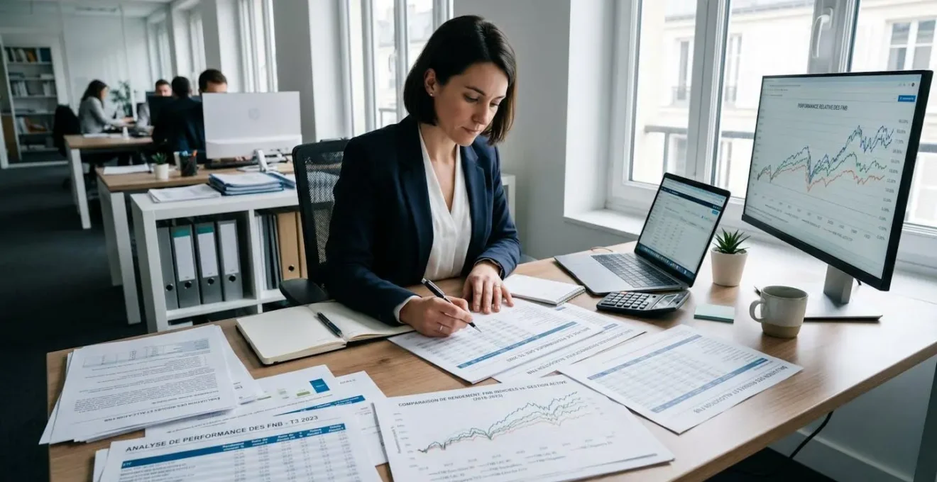Espace de travail d'analyste avec documents de performance et graphiques de comparaison d'ETF