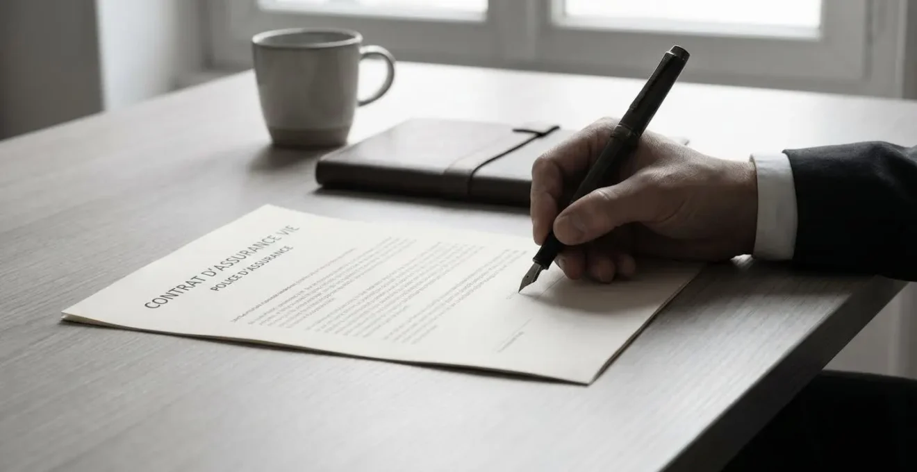 Main signant un contrat d'assurance vie sur un bureau moderne avec documents officiels