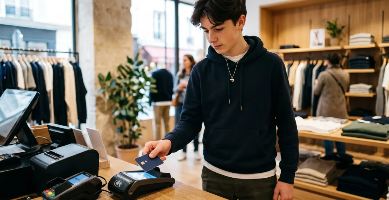 Adolescent utilisant sa carte bancaire sans contact pour effectuer un paiement sur un terminal dans un commerce.