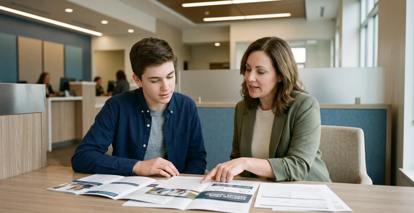 Un adolescent et son parent consultent ensemble des documents d'information sur les comptes d'épargne jeunes dans un espace bancaire moderne.