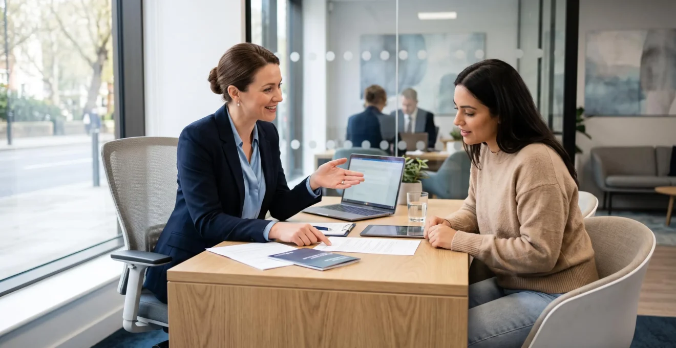 Conseiller bancaire accompagnant un client unique lors de l'ouverture d'un compte individuel dans une agence moderne