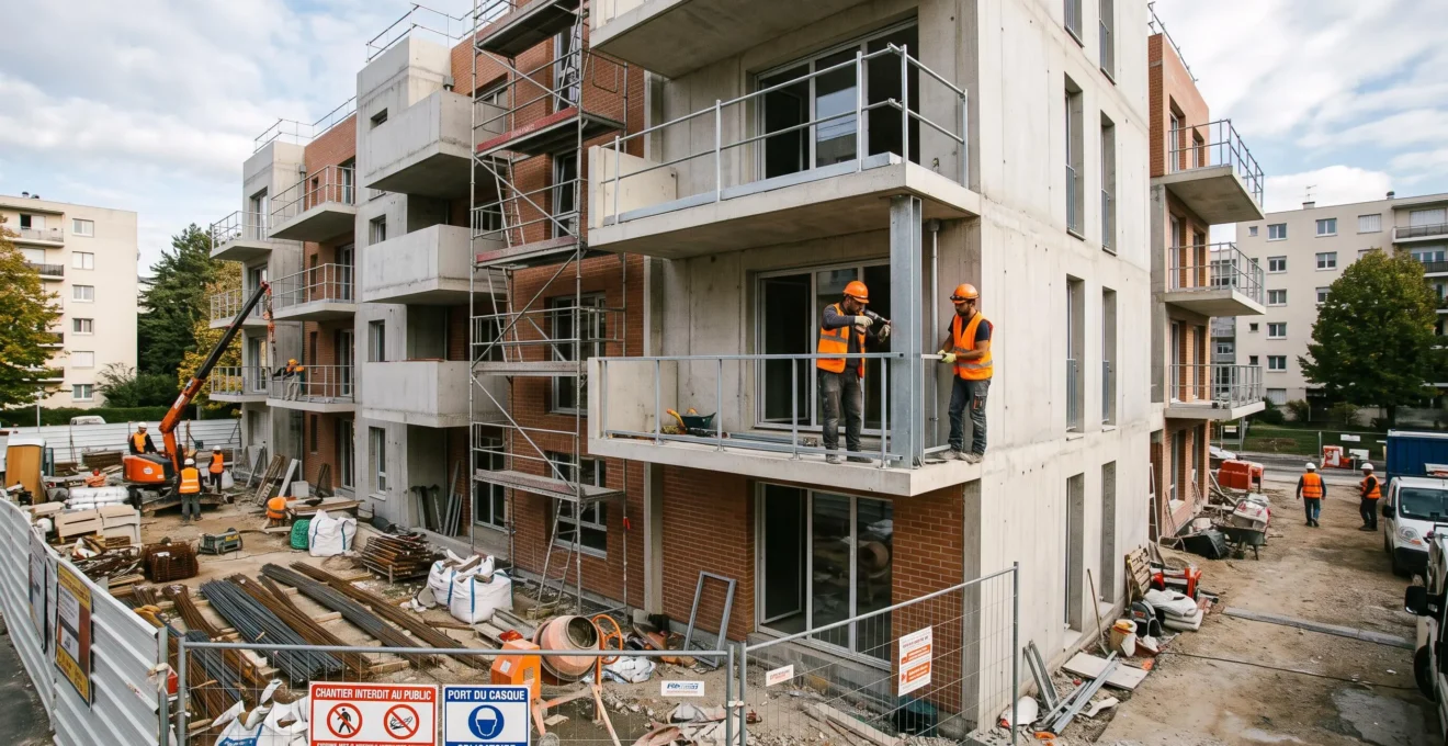 Chantier de construction d'un immeuble de logement social en France avec des ouvriers au travail sur la structure du bâtiment.