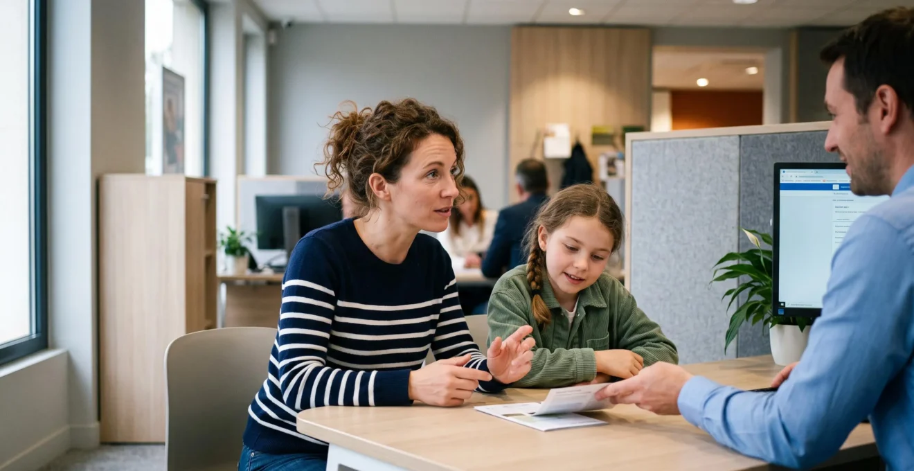 Un parent et son enfant consultent un conseiller bancaire dans une agence française moderne pour l'ouverture ou la gestion d'un Livret A.