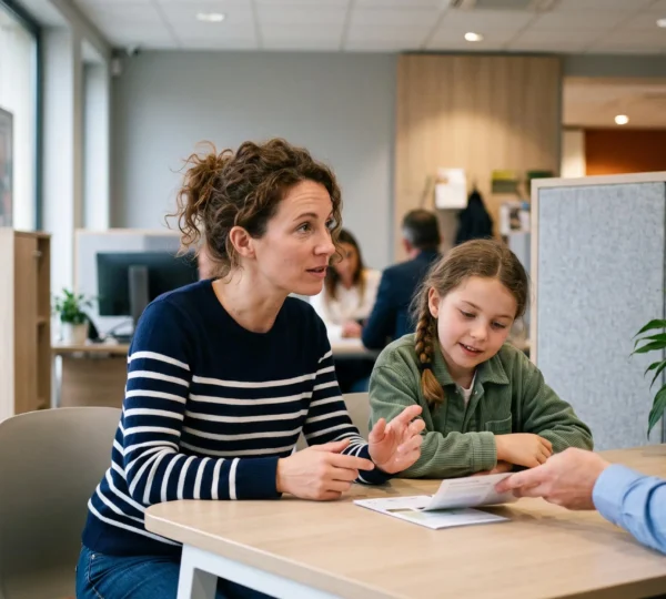 Un parent et son enfant consultent un conseiller bancaire dans une agence française moderne pour l'ouverture ou la gestion d'un Livret A.