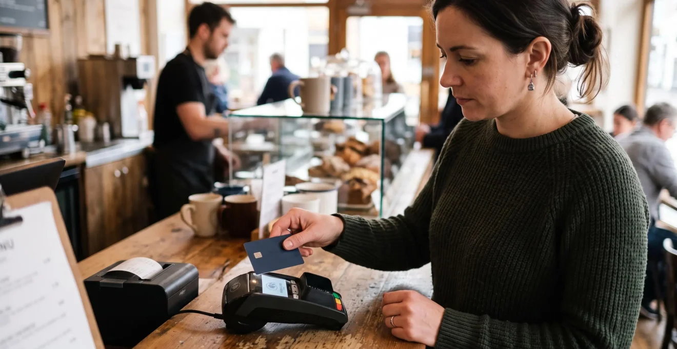 Personne effectuant un paiement sans contact avec sa carte bancaire dans un commerce quotidien