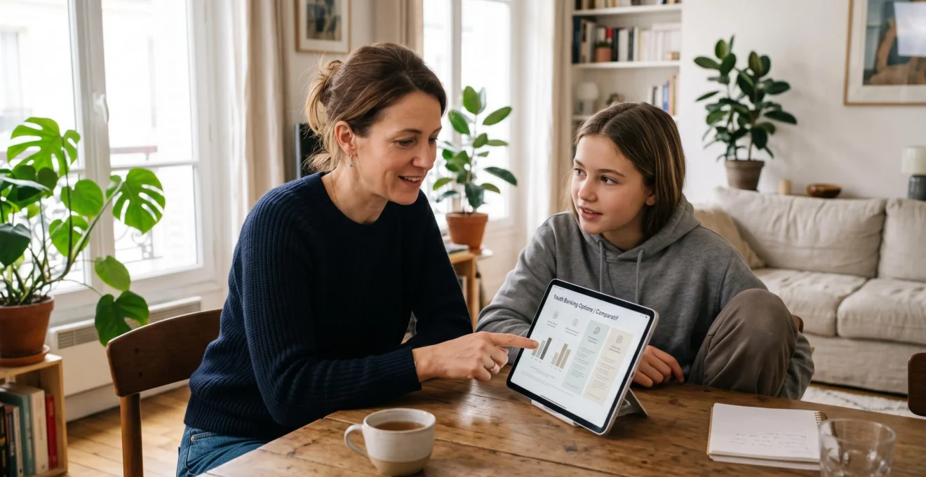 Mère et adolescente comparant ensemble des options de comptes bancaires pour mineurs sur une tablette dans leur salon.