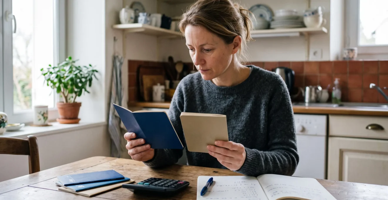 Une personne compare plusieurs livrets d'épargne posés sur une table avec une calculatrice et un carnet, dans une pièce lumineuse.