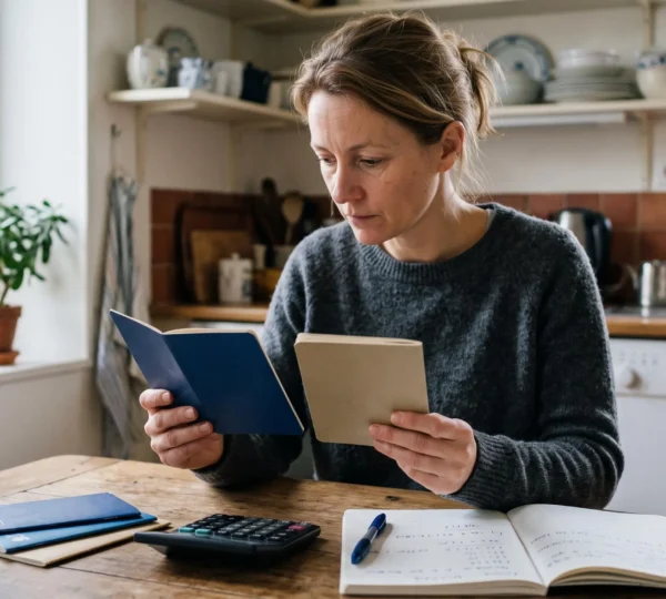 Une personne compare plusieurs livrets d'épargne posés sur une table avec une calculatrice et un carnet, dans une pièce lumineuse.