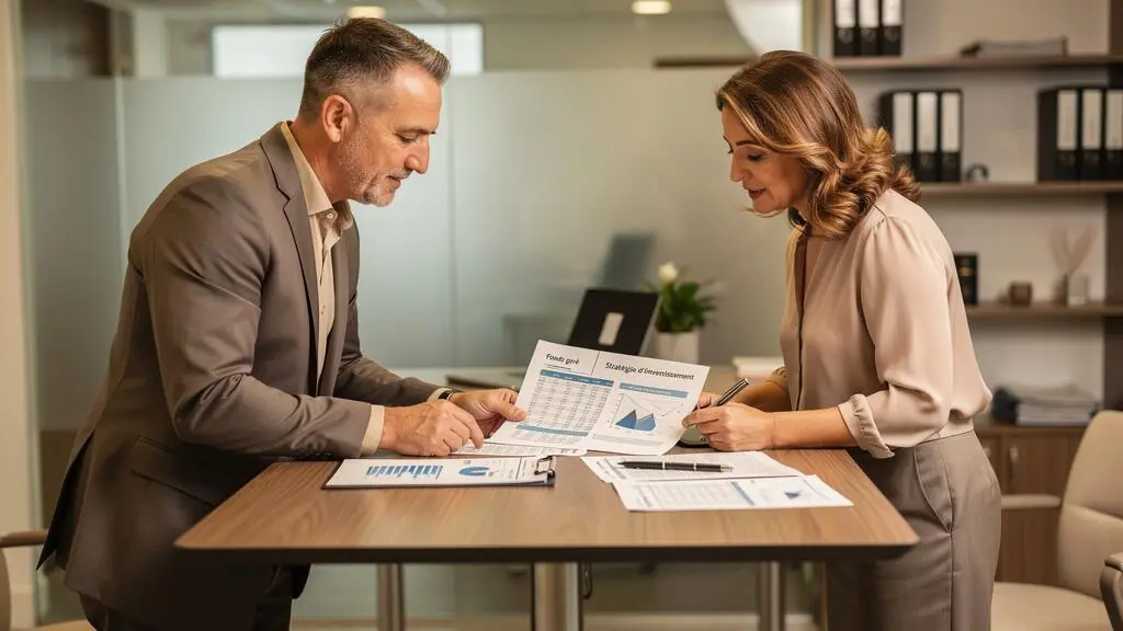 Conseiller en gestion de patrimoine présentant des documents de fonds gérés à une cliente dans un bureau d'assurance
