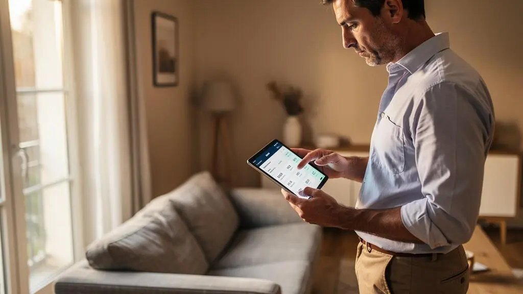 Investisseur individuel consultant son portefeuille boursier sur tablette près d'une fenêtre dans un logement moderne