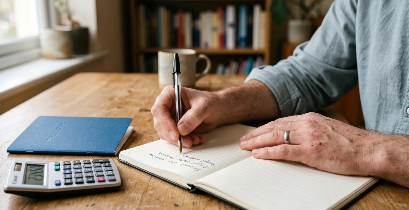Gros plan sur des mains prenant des notes dans un carnet à côté d'un livret d'épargne et d'une calculatrice.