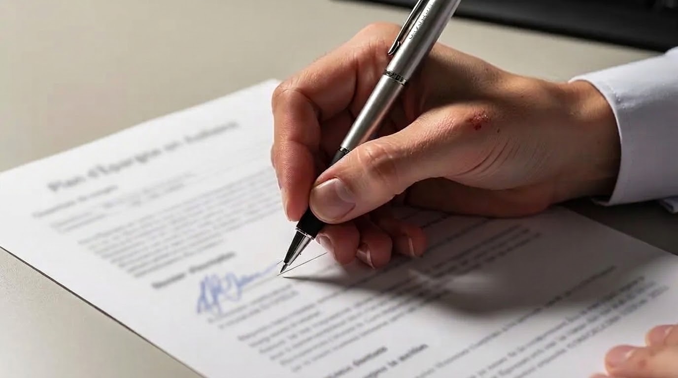 Main d'un client signant un document d'ouverture de PEA avec un stylo sur un bureau professionnel