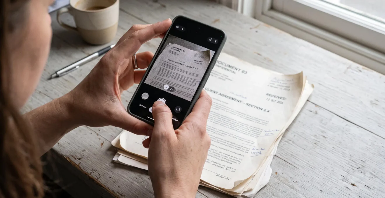 Des mains photographient des documents papiers avec un smartphone au-dessus d'un bureau.